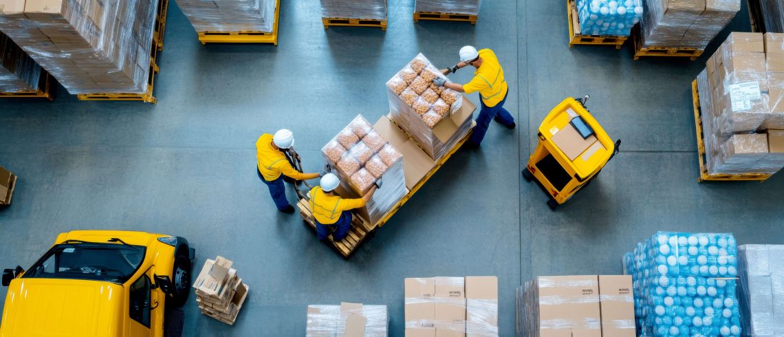 Vista aérea de trabalhadores em um armazém logístico carregando paletes com produtos, usando equipamentos de segurança, como capacetes, destacando a segurança em armazéns logísticos.
