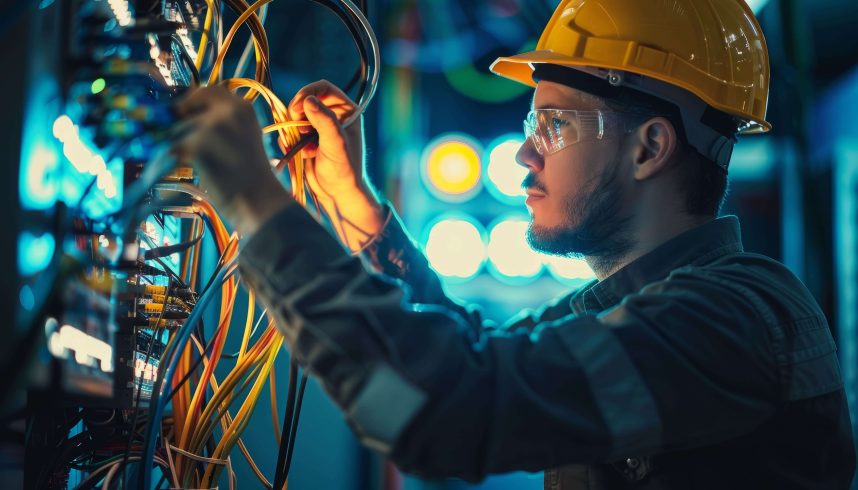 Técnico usando capacete e óculos de proteção ajustando cabos em um painel de rede em um ambiente iluminado.